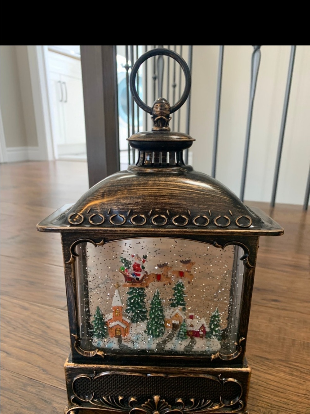 Bronze Holiday Lantern Snow Globe with Santa Village Scene